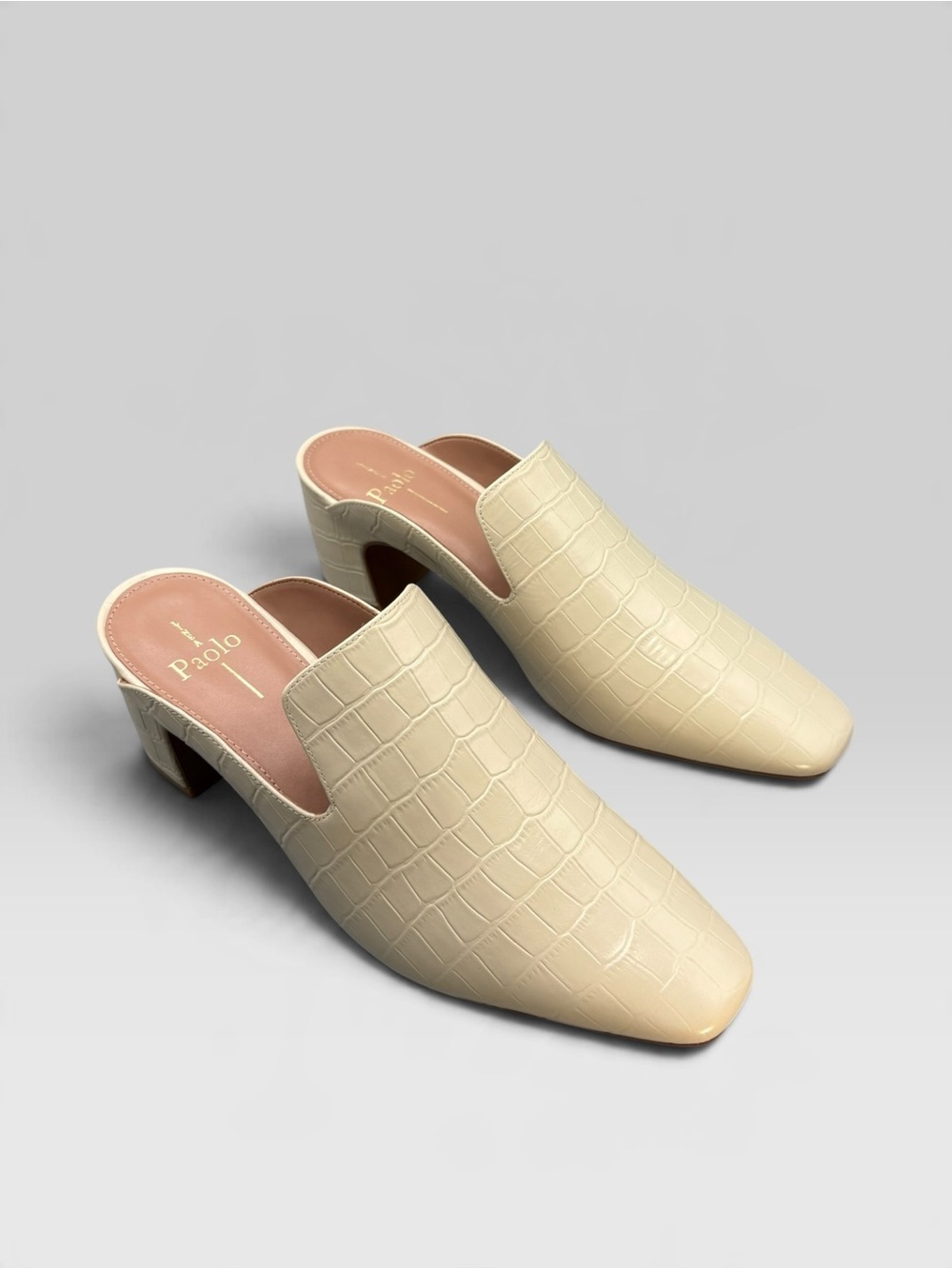 LINEA Paolo Giselle Croc-Embossed Leather Mule Heels, Beige, Size 8, NIB